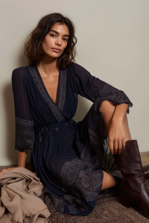 A woman in a navy dress with fine paisley detailing and dark brown block-heeled boots