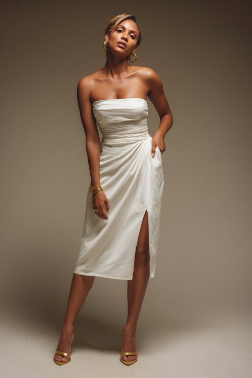 A woman in a strapless white midi dress with a side slit, styled with gold accessories and square-toe heels for a chic Manhattan evening, simple studio background