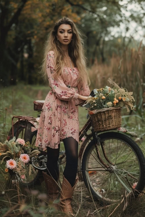 a woman wears a pink floral dress, tights and brown cowboy boots