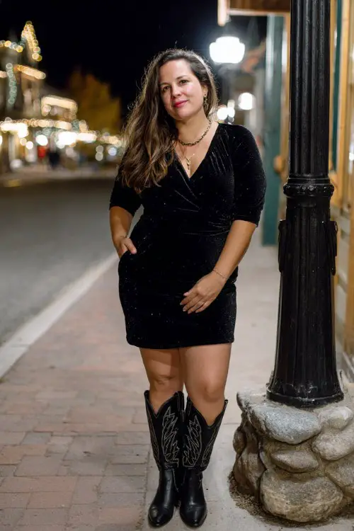 A plus size woman over 40 wears a black velvet dress with subtle shimmer and polished black cowboy boots