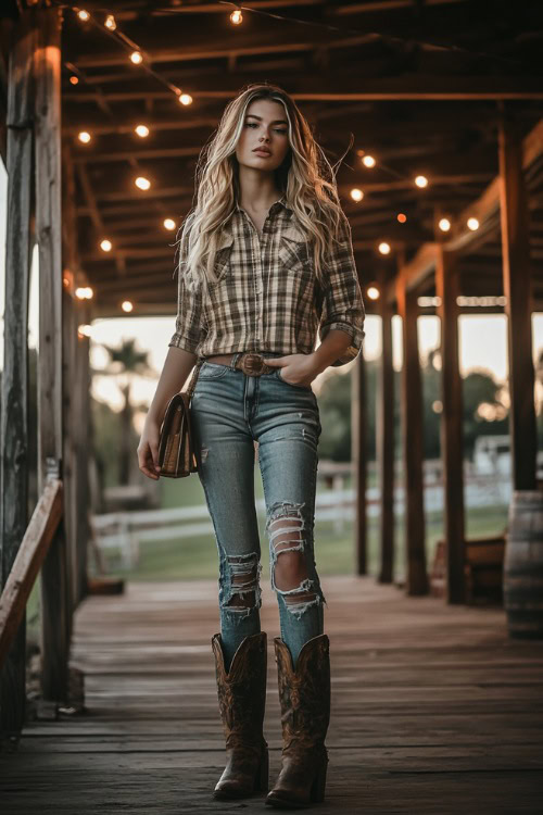 A young woman in a lightweight flannel shirt, cropped distressed jeans, and tall western boots, accessorized with a leather crossbody bag