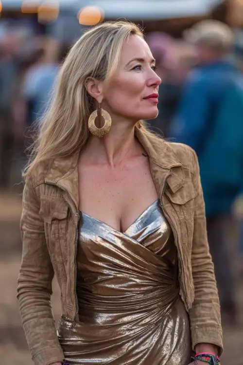 A woman over 40 wears a metallic wrap midi dress paired with a cropped suede jacket and hoop earrings at a barnyard concert