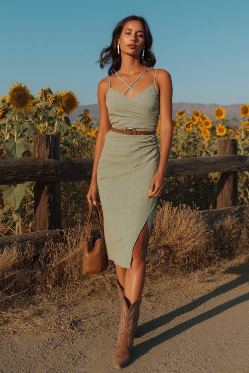 a woman wears a sage green and brown cowboy boots for country wedding