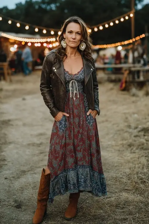 A woman over 40 wears a bohemian paisley maxi dress layered with a cropped leather jacket, suede boots, and statement earrings under string lights at a country concert