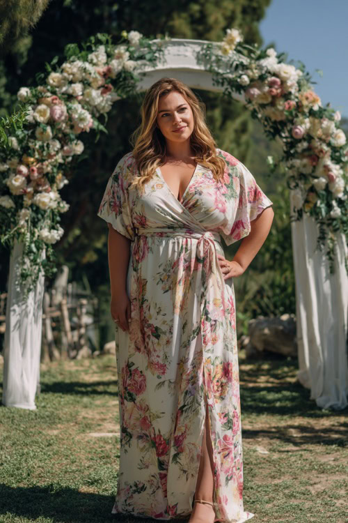 A plus-size woman wearing a floral wrap maxi dress with flutter sleeves and wedge sandals, standing beside a white floral arch at an outdoor summer wedding