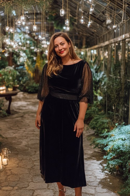 A plus-size woman wears a velvet fit-and-flare with sheer beaded bell sleeves