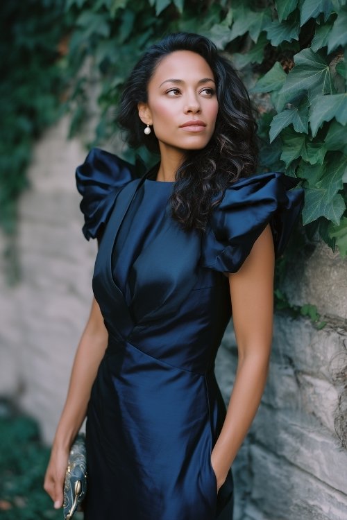 A woman in a midnight blue column dress with structured shoulders and satin finish