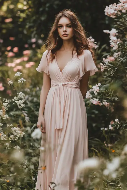A woman in a pastel pink wrap dress with flutter sleeves, cinched waist, and midi length, standing in a garden wedding setting (2)