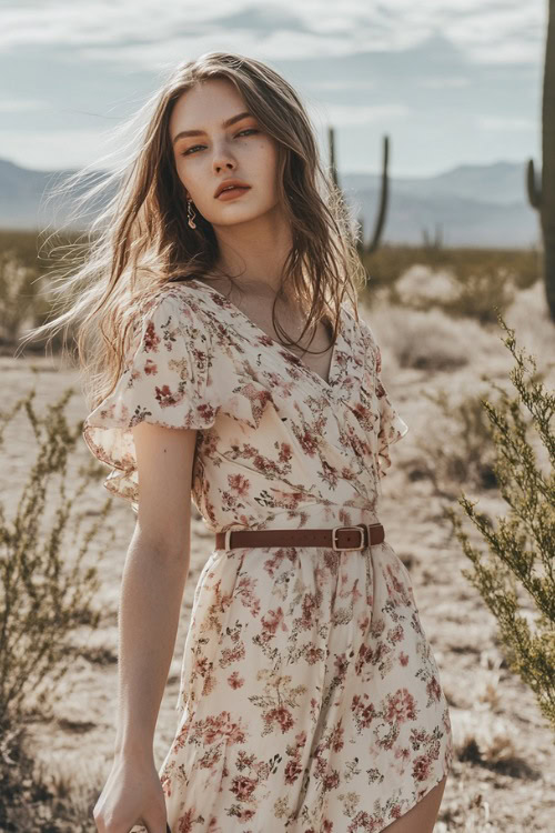 A boho-chic woman in a floral wrap midi dress with flutter sleeves, accessorized with gladiator sandals and a fringe crossbody bag, posing near desert plants