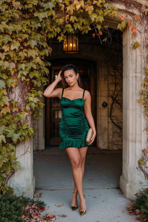 A woman wears a fitted emerald green short dress with a square neckline and ruffle hem, styled with gold ankle strap heels and a clutch, posing under an archway with fall ivy