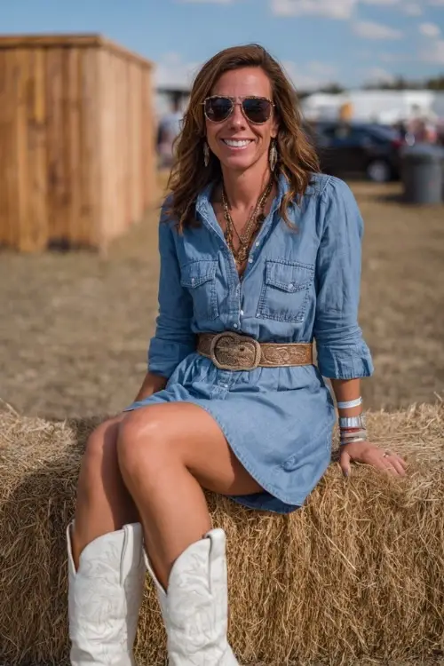 A woman over 40 in a denim shirt dress styled with a suede belt, white cowboy boots, and layered necklaces near hay bales at a fall concert