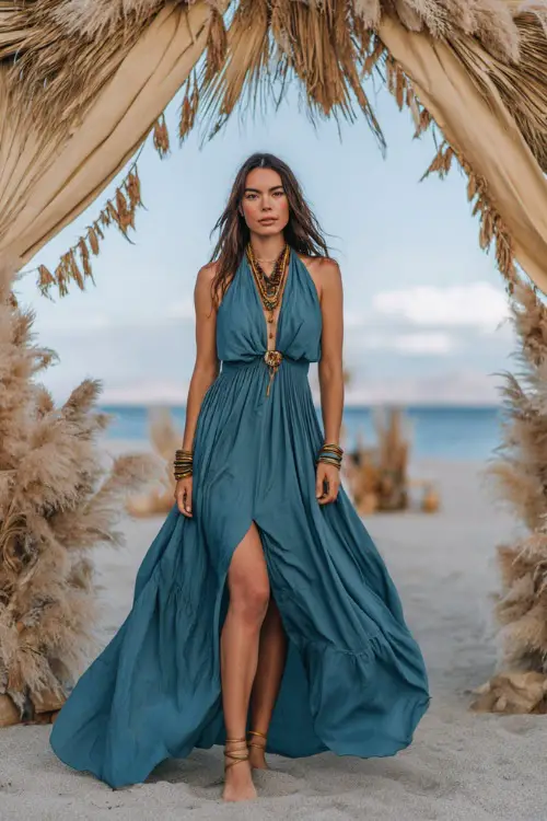 A woman wears a teal halter-neck maxi dress with a flowy skirt, paired with gold sandals and layered bracelets, posing at a bohemian beach wedding arch draped in fabric and pampas grass