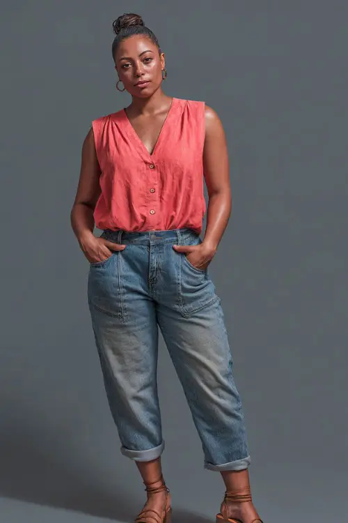 A plus-size woman wearing a sleeveless V-neck blouse tucked into high-rise jeans with platform sandals, styled for a modern and casual summer outfit