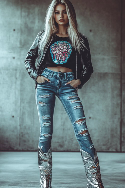 A fashionable woman rocking silver cowboy boots, distressed blue skinny jeans, a knotted graphic tee, and a black leather jacket
