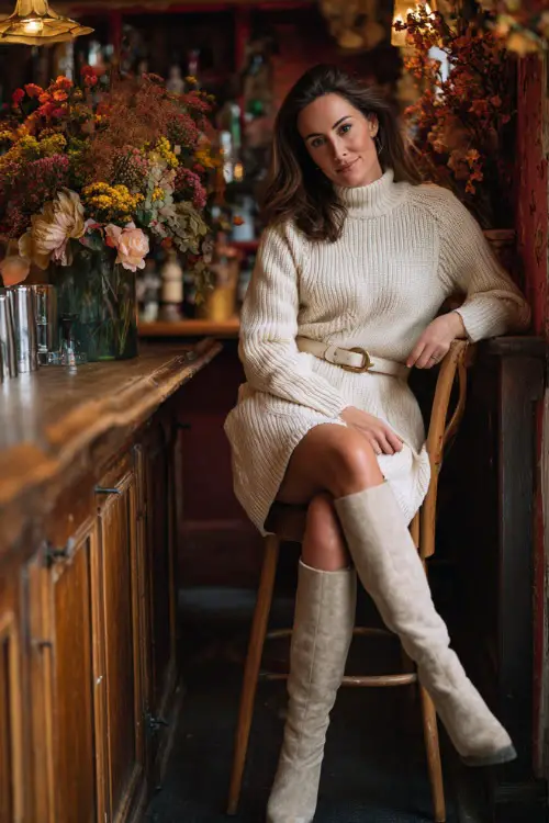 A woman over 40 wearing a cream knit sweater dress with a belt at the waist, styled with knee-high boots, posing near a cozy bar with autumn decor