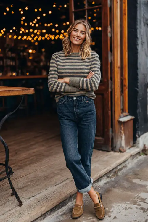 A woman wearing straight-leg jeans, a striped knit sweater, and suede loafers, standing outside a casual autumn pub with string lights, full body outfit visible