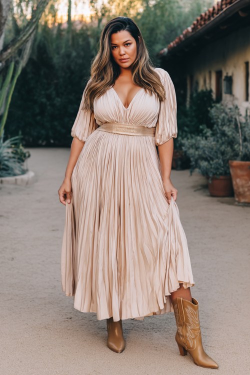 A curvy woman wears a champagne pleated gown with a cinched waist and tan cowboy boots