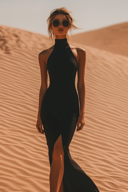 A minimalist look featuring a woman in a fitted black midi dress with a halter neckline and low bun, styled with sunglasses and strappy flats