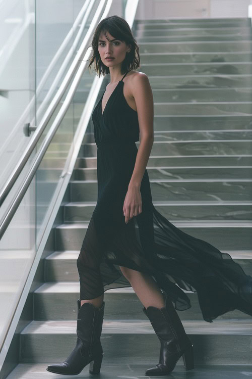 A woman wears black cowboy boots with black slip dress