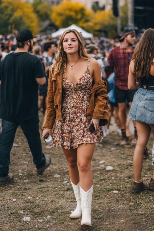 A curvy woman wears white cowboy boots, a floral wrap dress, and a cropped suede jacket