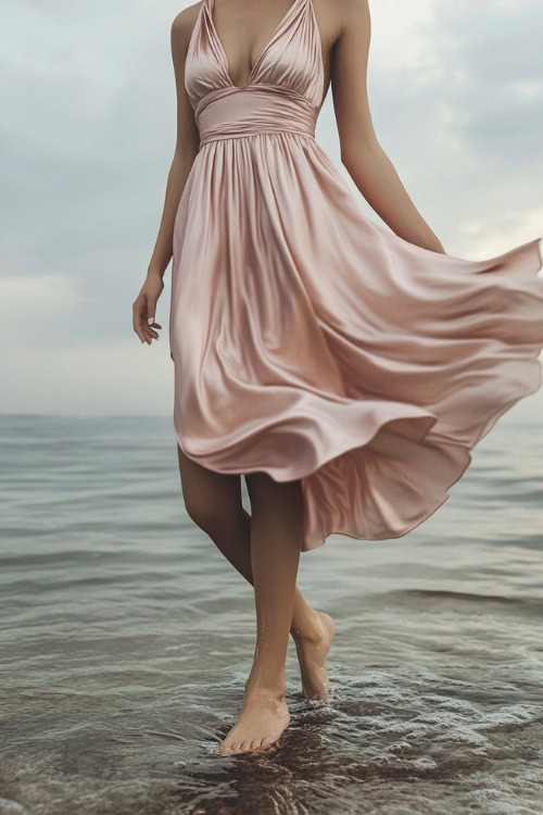 A woman wearing a blush pink satin slip dress with a soft draped neckline, standing barefoot near the water s edge, her dress gently moving with the breeze