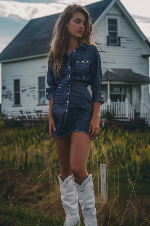 A woman wears cowboy boots with a navy blue shirt dress