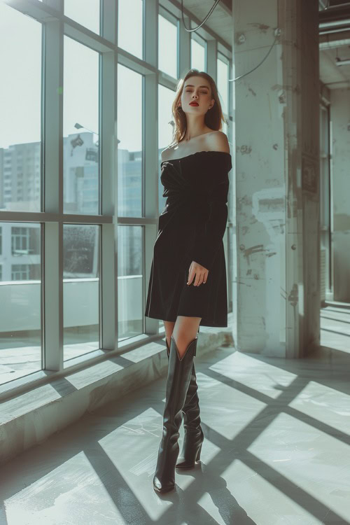A woman wears black off-shoulder dress with black cowboy boots