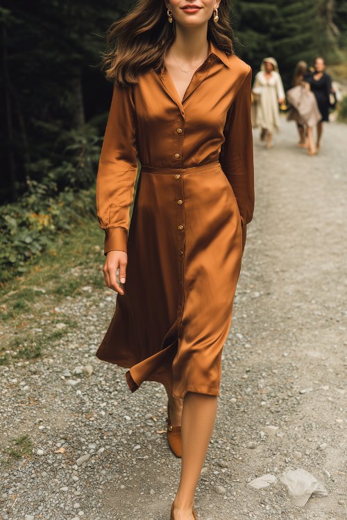 A woman wears a caramel-toned midi dress with button details and long sleeves, styled with simple tan loafers