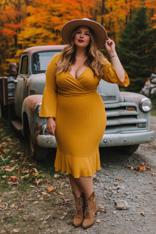 A plus-size woman in a mustard smocked midi dress with bell sleeves, style