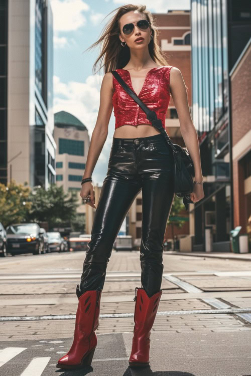 a woman wears red cowboy boots with leather pants and a red top