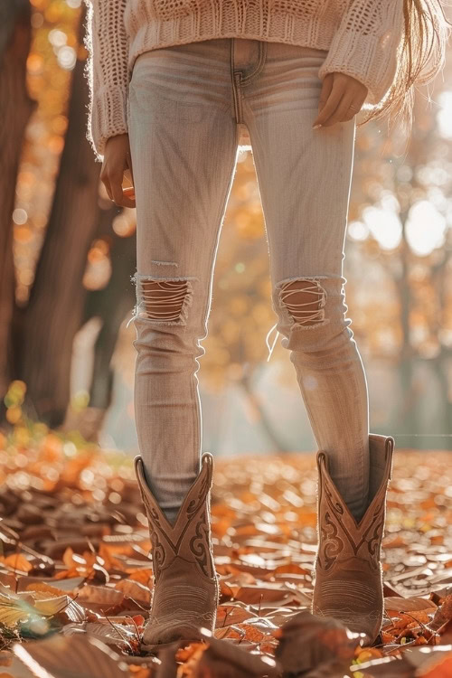 a woman wears a sweater, ripped jeans and brown cowboy boots