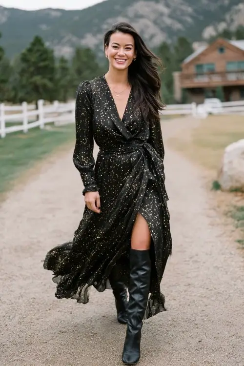 A woman wears a flowy chiffon wrap dress in black with gold foil specks, styled with a belted trench coat and heeled boots