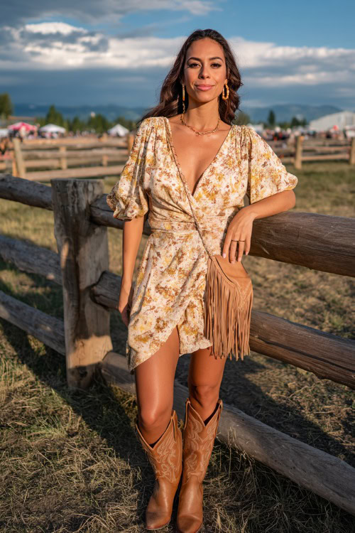A midsize woman in a flowy floral wrap dress with flutter sleeves and tan western boots, accessorized with gold earrings and a fringe crossbody bag