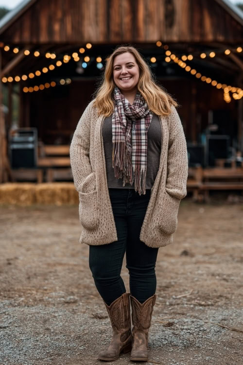 A plus size woman wears a belted long cardigan over black jeans, styled with cowboy boots and a plaid scarf, standing in front of a rustic barn concert stage with string lights