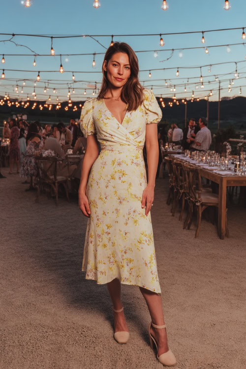 A woman wearing a pastel yellow floral midi dress with short puff sleeves and wedge heels, posing under hanging string lights at a vineyard wedding reception