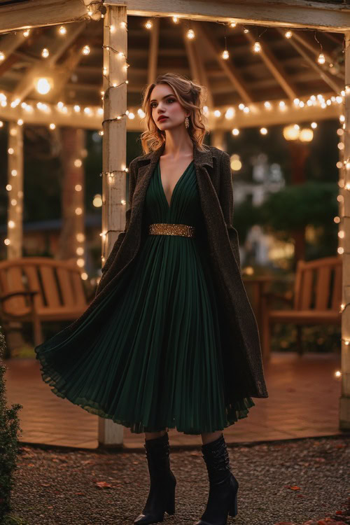 A classy tea-length dress in forest green with a fitted bodice and subtle pleated skirt, styled with a gold waist chain, black heeled boots