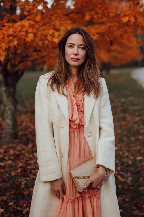 A woman wears a blush chiffon dress layered with a cream wool coat