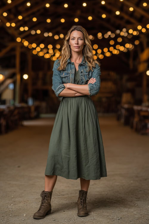 A woman wears a forest green cotton A-line dress with three-quarter sleeves, paired with ankle boots and a denim jacket