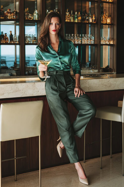 A woman wearing tailored high-waisted trousers, a silky emerald blouse, and pointed-toe pumps, holding a martini at a modern upscale bar