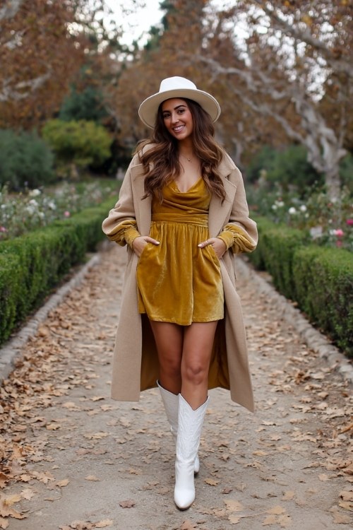 A woman wears a mustard velvet mini dress with balloon sleeves, layered with a long camel coat, styled with white cowboy boots and a statement hat
