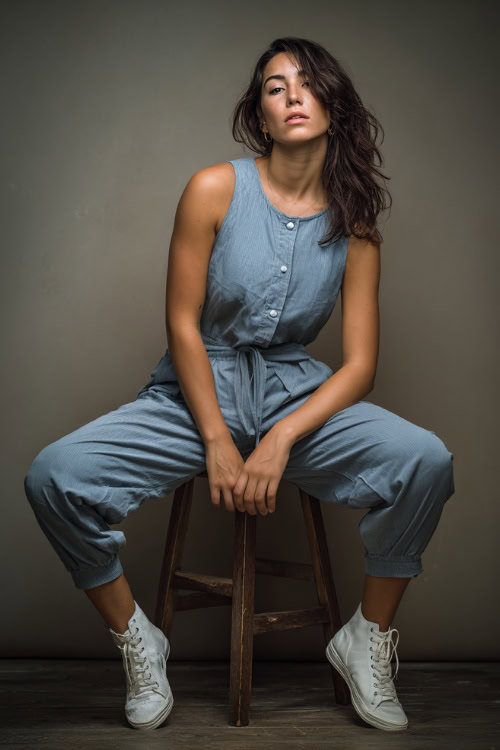 A woman in a sleeveless jumpsuit with a relaxed fit, cinched waist, and white sneakers, styled for casual outdoor dinner, simple studio background