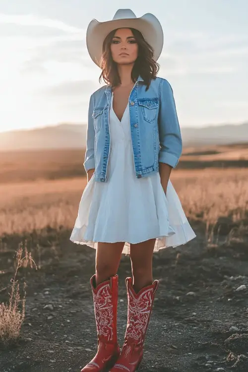 a woman wears a white mini dress, a denim jacket with red cowboy boots