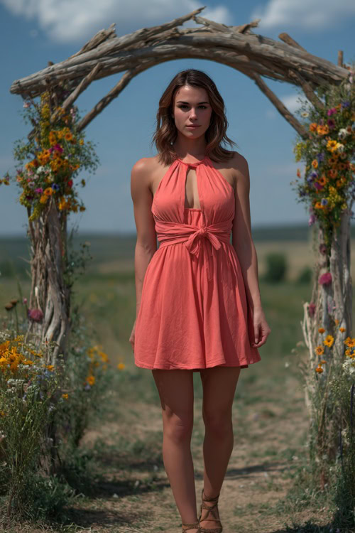 A woman in a coral sleeveless A-line dress with a soft waist tie and woven sandals, standing beside a rustic wooden wedding arch decorated with wildflowers