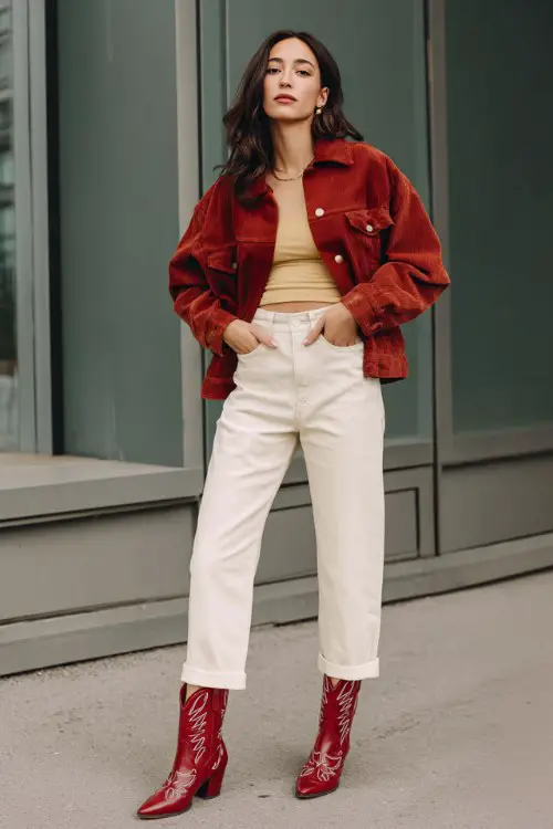 A woman wears a cream straight jeans, a rust-colored cropped jacket and red cowboy boots
