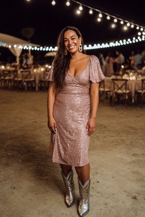 A curvy woman wears a pink sequin midi dress with short flutter sleeves, styled with metallic cowboy boots and bold earrings