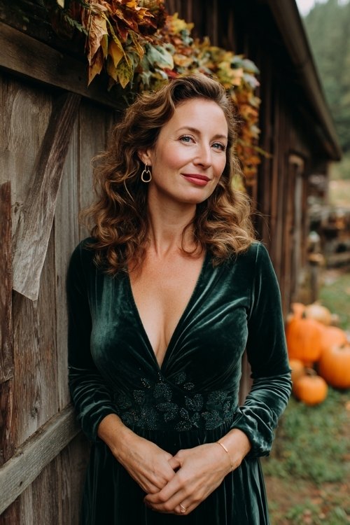 a woman over 50 in a forest green velvet fit-and-flare dress with embroidered bodice