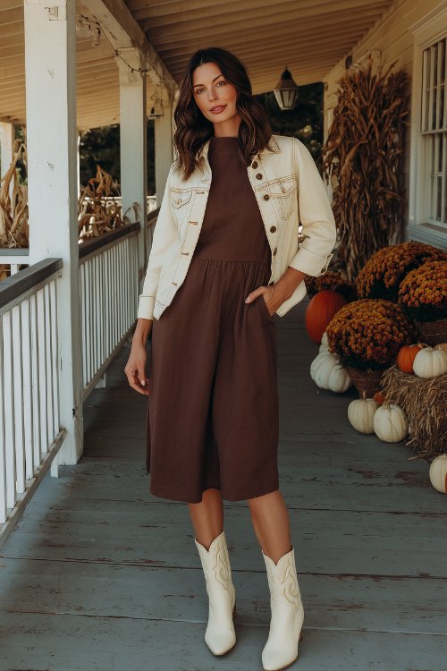 a woman in a chocolate brown A-line dress with a high neckline, layered with a light denim jacket, and paired with ivory cowboy boots