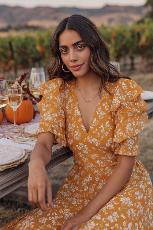 A petite woman in a marigold midi dress with white floral block print and soft ruffles (2)