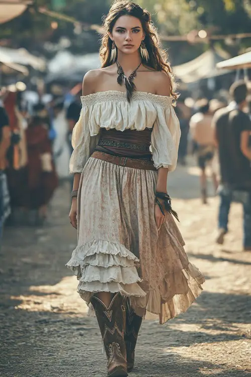 A confident woman in a flowing off-the-shoulder peasant blouse with a tiered bohemian maxi skirt, accessorized with cowboy boots and feather earrings (2)