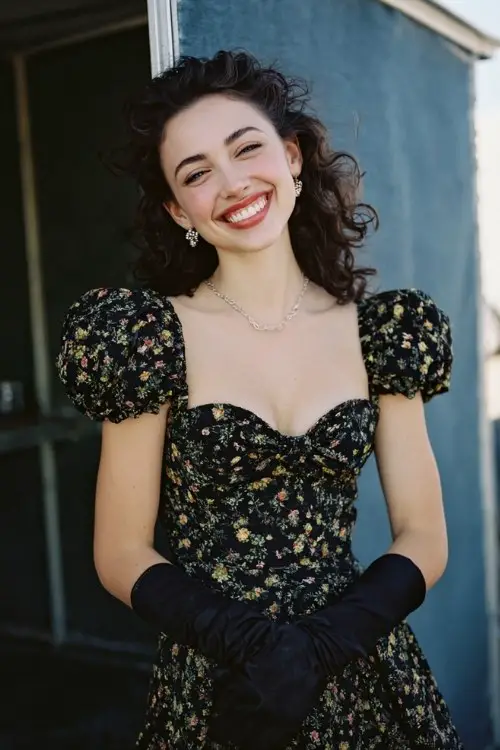 A woman wears a black floral-brocade dress with puff sleeves and a square neckline, dainty gloves